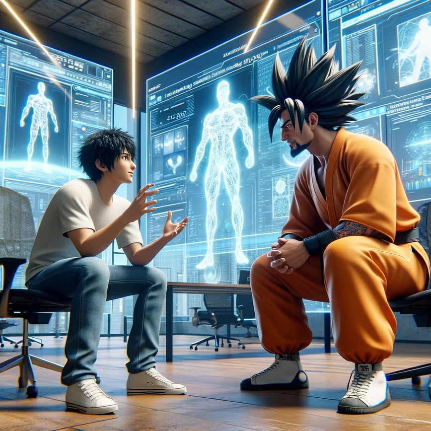 A photorealistic image of Creator Akira Toriyama and Son Goku from Dragonball Z designing a groundbreaking new AI product in a modern Silicon Valley workspace. They are engaged in an intense discussion, with holographic product renderings and AI code surrounding them.