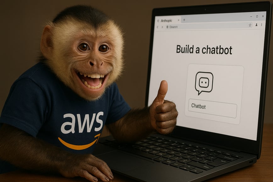 AI generated image of a capuchin monkey using a computer. The monkey looks happy and is giving a thumbs up. It is using anthropic claude 4 model to build a chatbot. The monkey is wearing an AWS t shirt