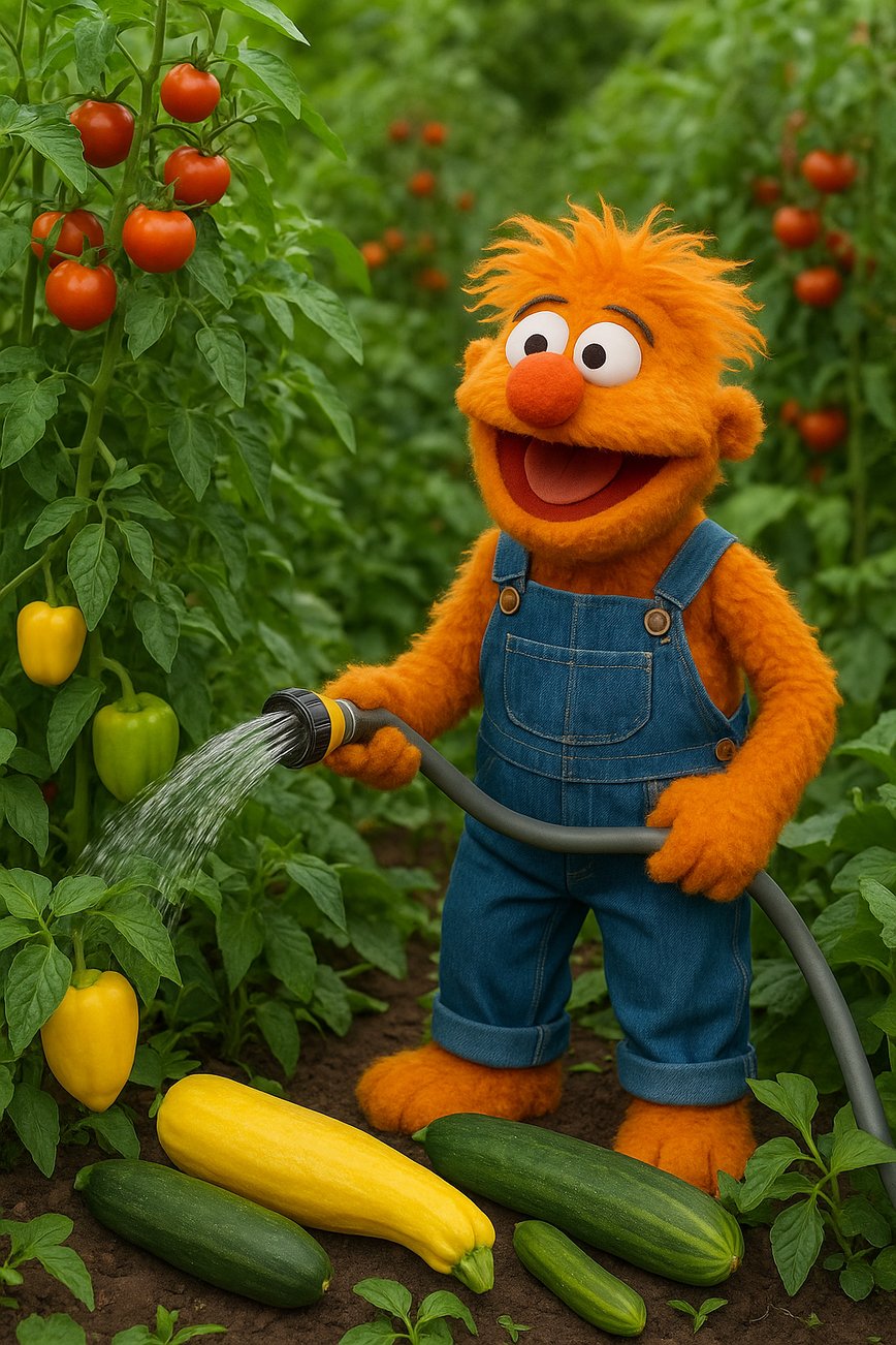 An AI-generated image of a muppet working in a garden. The garden should be full of tomatoes, zucchini, squash, peppers, and cucumbers. The muppet is wearing blue overalls and is watering the plants with a hose.