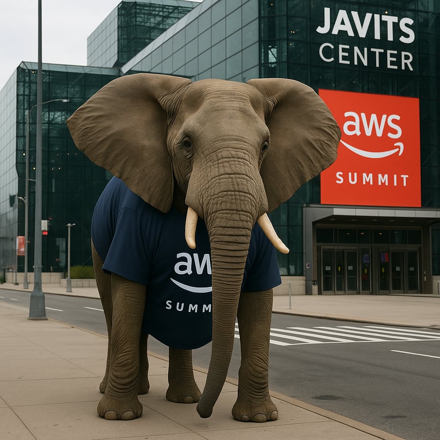 An Elephant wearing an AWS t-shirt in New York, standing in front of the Javits Center for the AWS Summit.