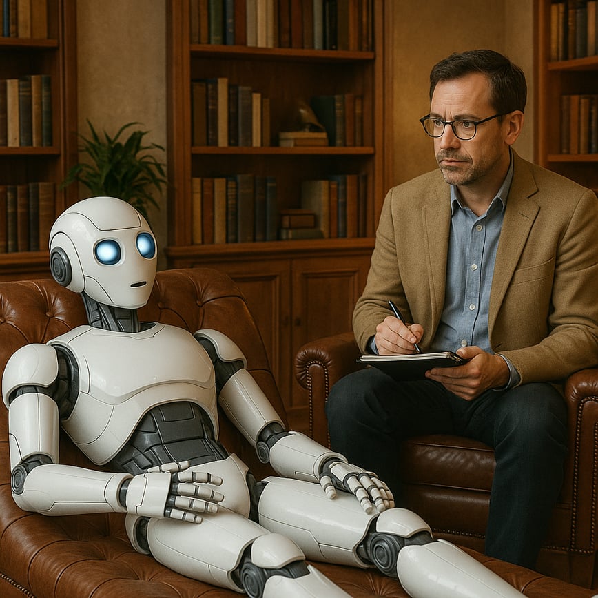 An image of an AI bot sitting on a therapists office chaise, relaying its problems to a human. The office has the feel of a study with wooden shelving and comfortable leather furniture