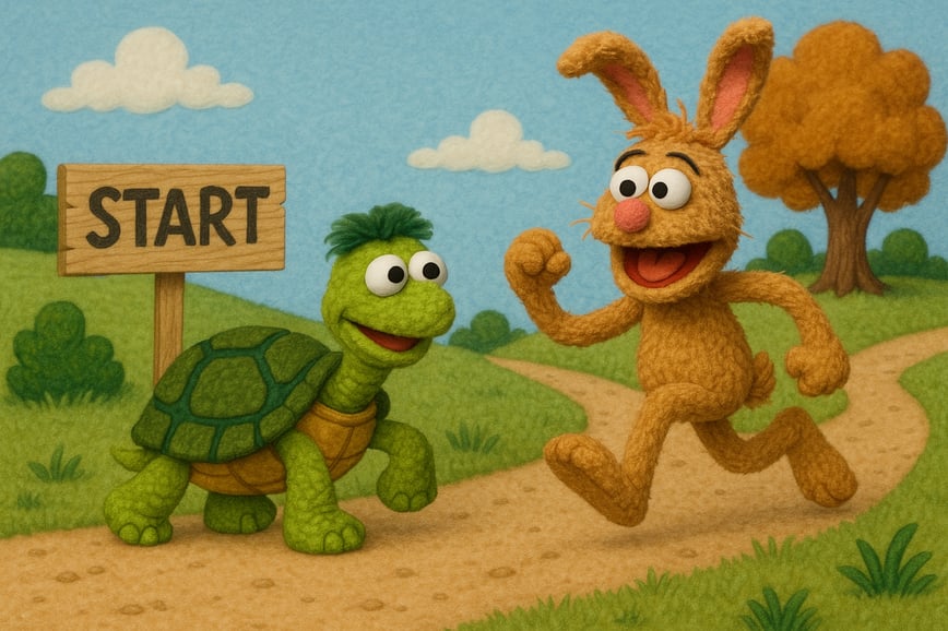 An image of the famous story the tortoise and the hare, but make the characters in a muppet style