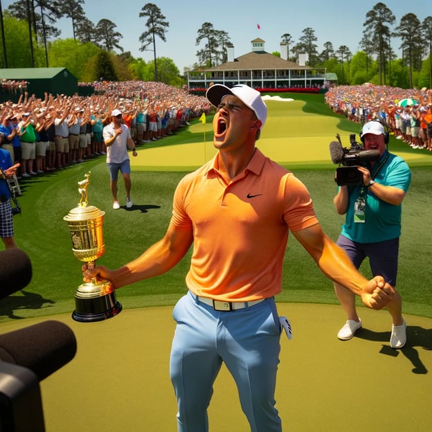 DALL·E 2024-04-16 09.56.42 - A golf player, resembling a Caucasian male, celebrating a win at a golf tournament. He is holding a trophy and dressed in an orange polo, white ball c-1