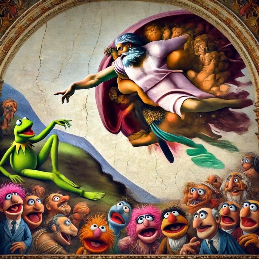 DALL·E 2025-03-20 11.29.16 - A Renaissance-style fresco inspired by Michelangelos Sistine Chapel, featuring Muppet-like characters in a grand, dramatic composition. The scene inc