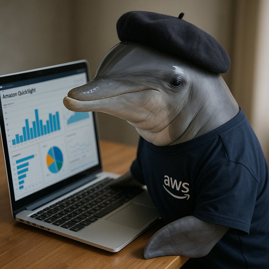 Dolphin weating a beret wearing an AWS Tshirt in front of a laptop using Amazon QuickSight