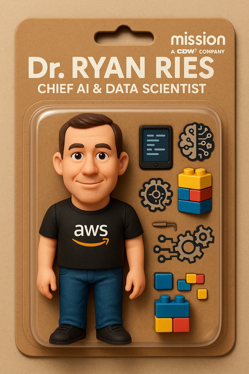 Dr. Ryan Ries Toy with AWS T-shirt, includes AI symbols, building blocks, and tablet