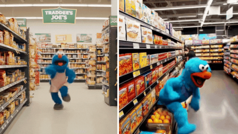 Two AI generated videos of a muppet running through a Trader Joes grocery store in a panic