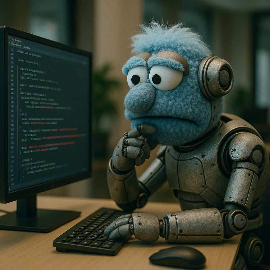 a muppet with robot features sitting at a computer, looking concerned while reviewing code on the screen