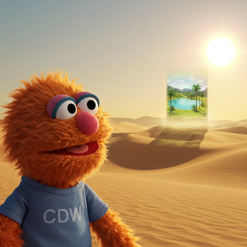 A muppet wearing a t-shirt that says "CDW." The muppet is staring into the desert and sees a beautiful mirage up ahead